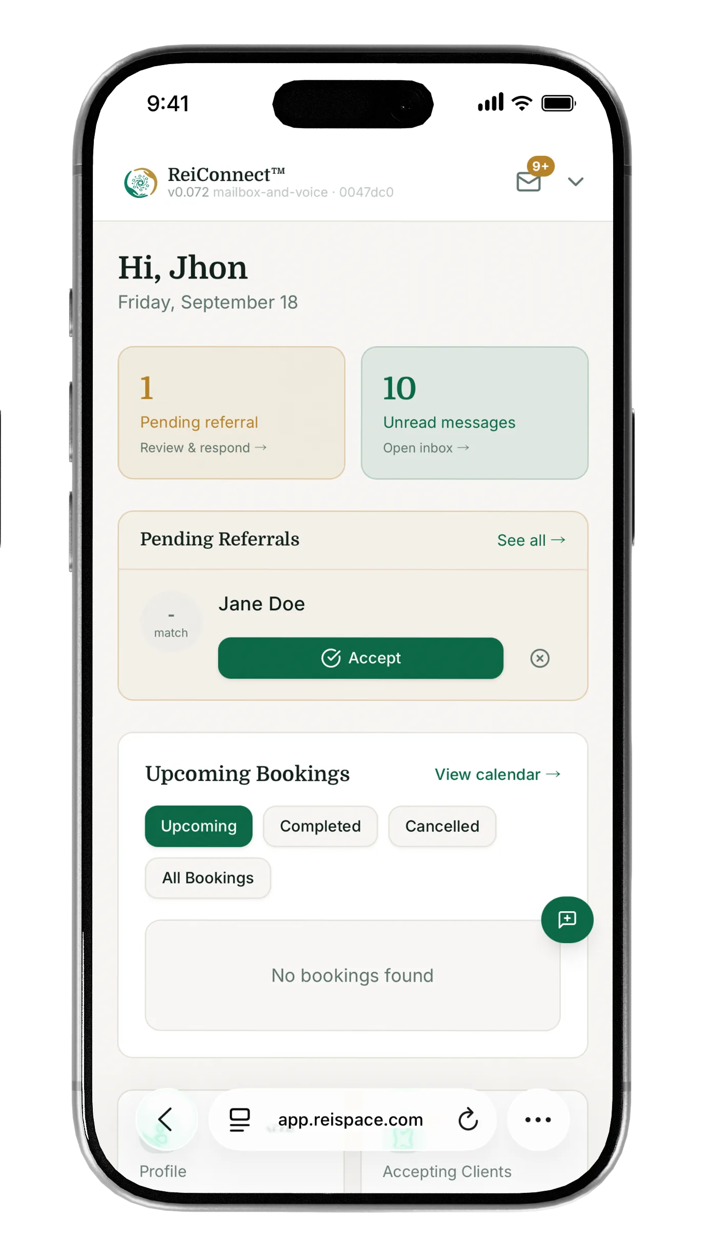 Screenshot of the ReiConnect practitioner dashboard, showing pending referrals and upcoming bookings.